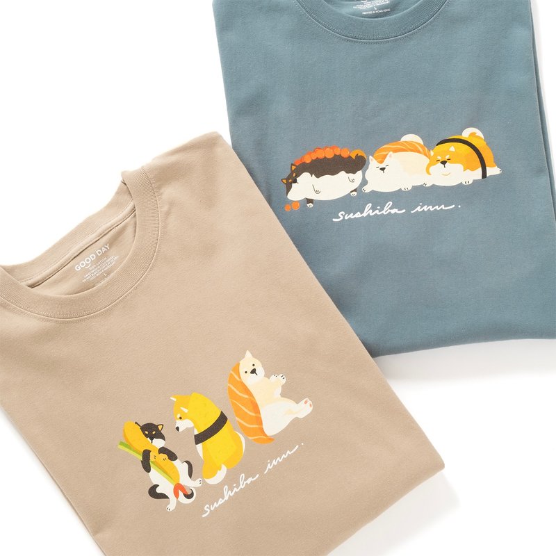 【GOOD DAY】Sushiba Inu Graphic Tee - Khaki//Grey Blue (ZT1552) - เสื้อยืดผู้ชาย - ผ้าฝ้าย/ผ้าลินิน สีกากี