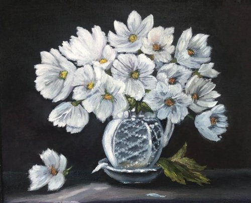白い花瓶のお花と果物　油絵 絵画 油絵 油彩 静物画 花瓶の花 F6 WG130 お得な価格設定と