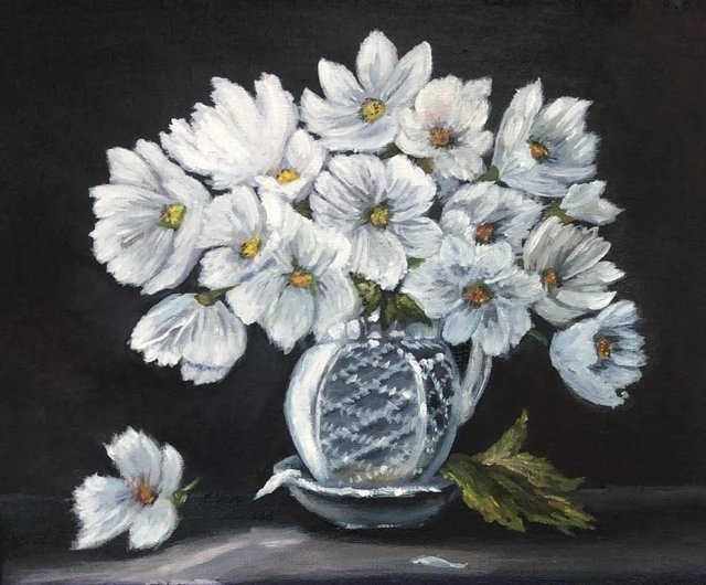 白い花瓶のお花と果物　油絵 白い花瓶の中の白い花、黒い背景に油絵、アート - ショップ
