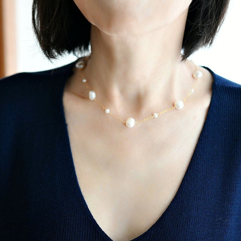 幸せを運んでくれる　ケシパールと淡水パールのbig×smallネックレス　6月誕生石 - 項鍊 - 寶石 白色