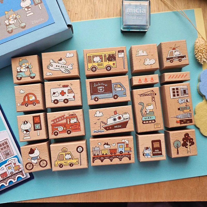 New product in April [Cat Traffic Mobile City] Color Boxed Stamp 20 pieces - Stamps & Stamp Pads - Wood 