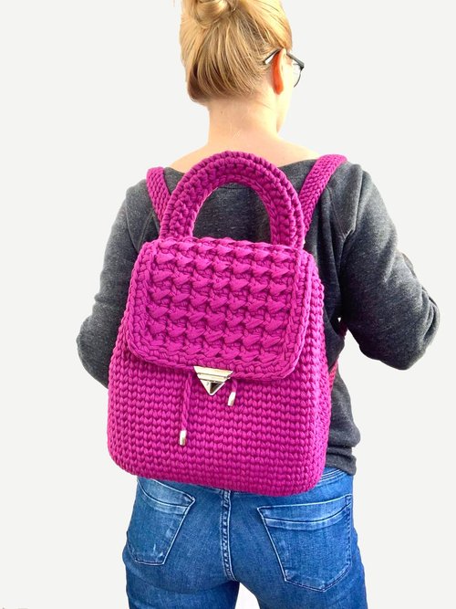 Designer crochet backpack T shirt yarn bag Cute cotton backpack