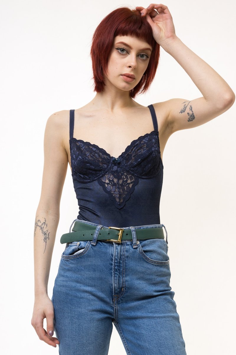 90s Vintage Blue Lace Body Lingerie Set Underwear Top size 75 Cup B - 女內衣褲 - 其他材質 藍色