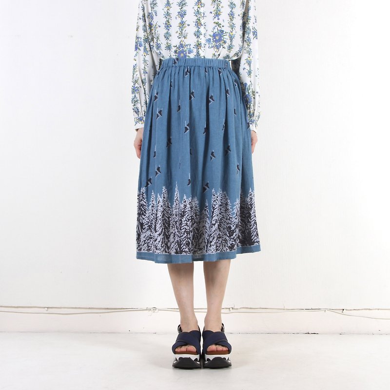[Egg Plant Vintage] Aurora Forest Cotton Vintage Dress - กระโปรง - ผ้าฝ้าย/ผ้าลินิน สีน้ำเงิน