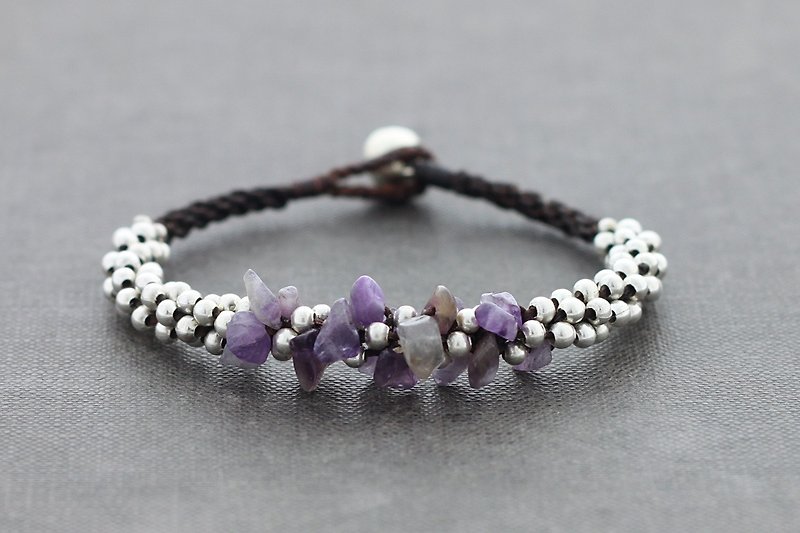 Amethyst Chunky Bracelet Silver Beaded Form Cuff Bangle - Bracelets - Stone Purple