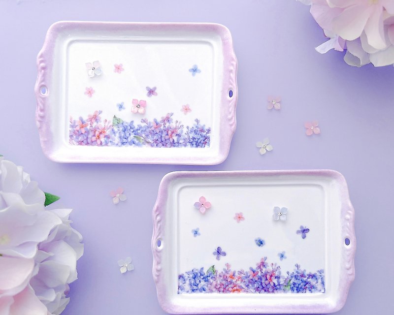 A fantastic ceramic tray with hydrangeas dancing - Serving Trays & Cutting Boards - Pottery Purple