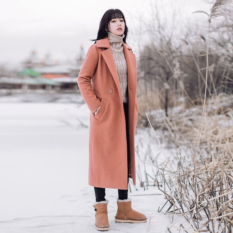 安妮陳2017冬裝新款女裝純色長款呢料外套 - 外套/大衣 - 聚酯纖維 橘色