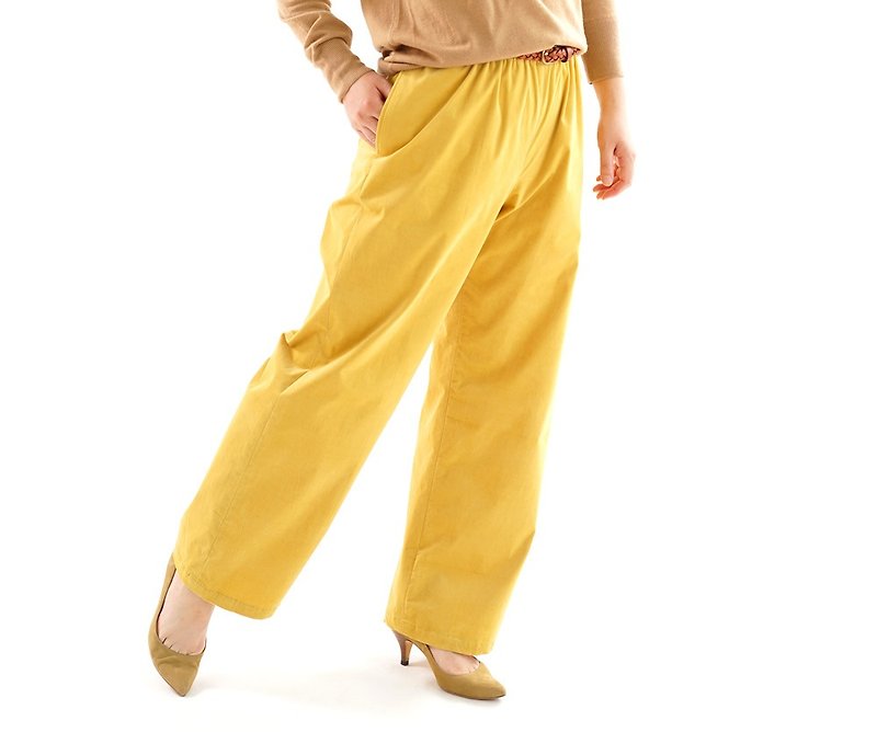 Stretch corduroy relaxing pants waist rubber belt loop with pocket / chrome yellow bo1-13 - パンツ レディース - コットン・麻 イエロー