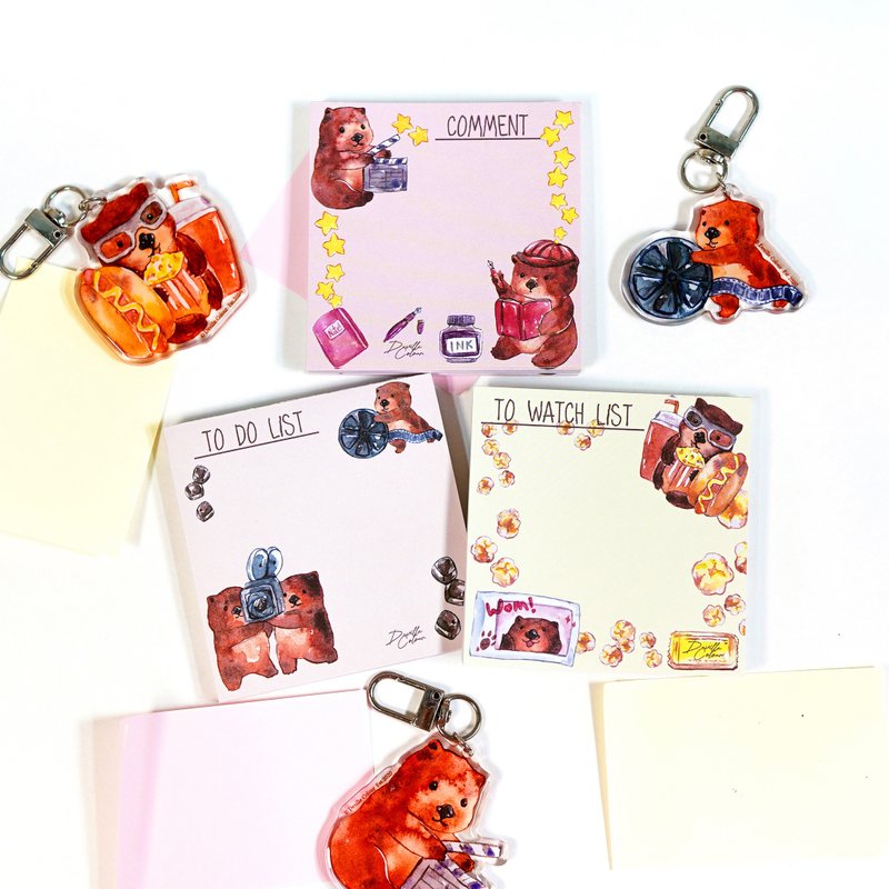 【Wom!袋熊看電影】水彩插畫 便條紙 一套全三本 不黏 Memo紙 - 便條紙/便利貼 - 紙 多色