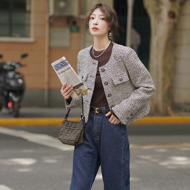 Black and White Wool Thick Floral Short Jacket|Coat|Autumn|Sora-1028 - Women's Casual & Functional Jackets - Wool White