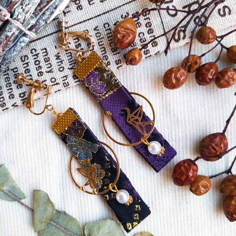 紫色 花魁 日式紙鶴耳環 14k包金 耳夾 耳勾 - 耳環/耳夾/耳骨夾 - 其他金屬 紫色