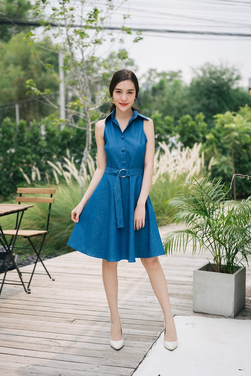 Shirt Dress Denim Dress Summer Casual Vintage Cozy Dress Swing Skirt Party Look - 洋裝/連身裙 - 其他材質 藍色