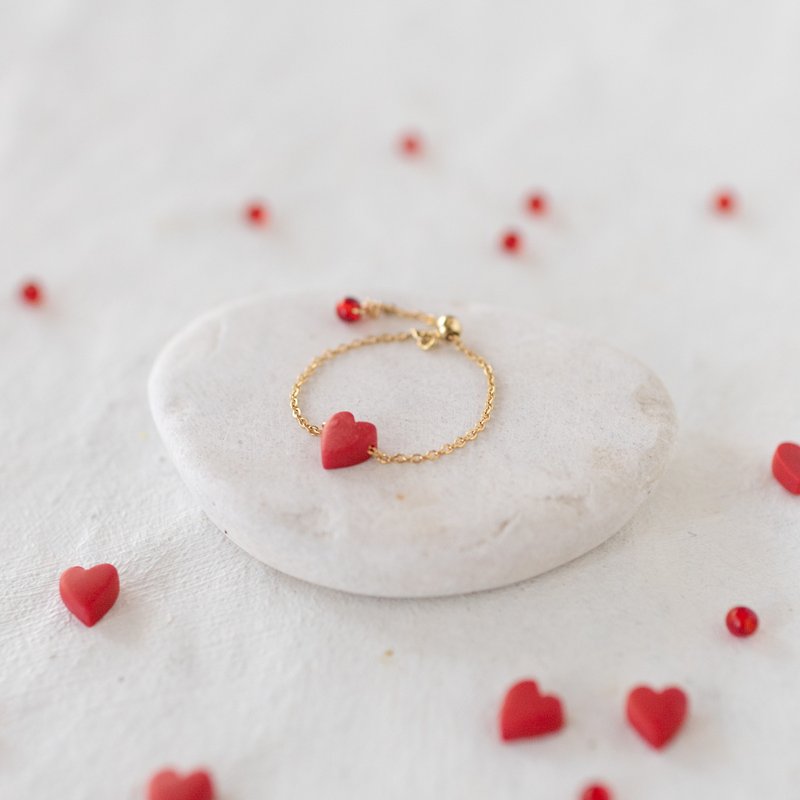 Heart Chain Ring / Size Free - General Rings - Clay Red