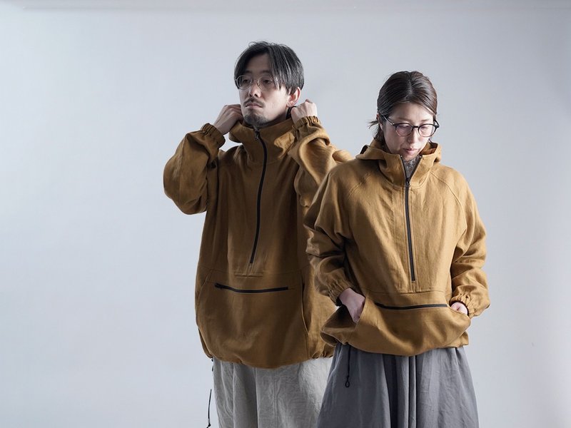 wafu - 亞麻外套 Heavy weight Linen Anorak Jacket / Bronze h053e-drs3 - 帽T/大學T - 亞麻 金色