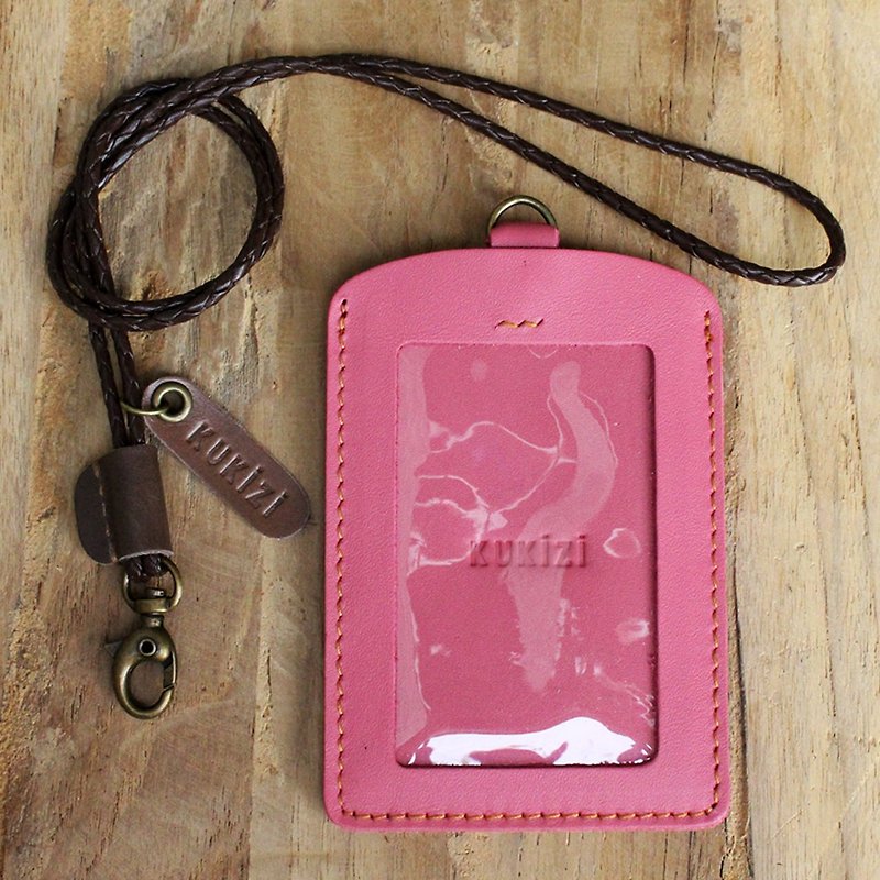 ID case/ Pass case/ Card case - ID 2 - Pink+Brown Lanyard (Genuine Cow Leather) - ที่ใส่บัตรคล้องคอ - หนังแท้ 