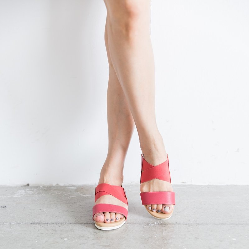 Handmade sheepskin strap sandals / watermelon red clear - รองเท้ารัดส้น - หนังแท้ สีแดง