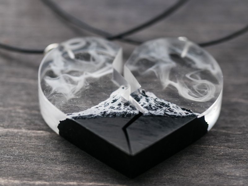 Matching necklaces wooden resin pendant Half Heart Black necklaces eco jewelry - Necklaces - Resin Transparent