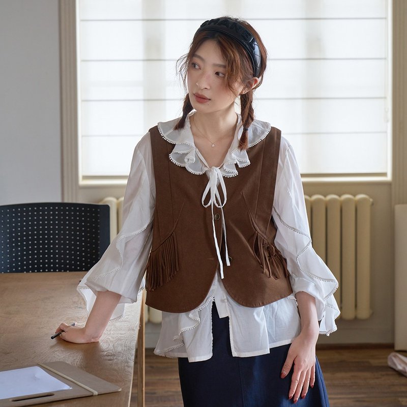 流浪風麂皮馬甲|背心|夏秋款|Sora-1884 - 背心/無袖上衣 - 其他人造纖維 咖啡色