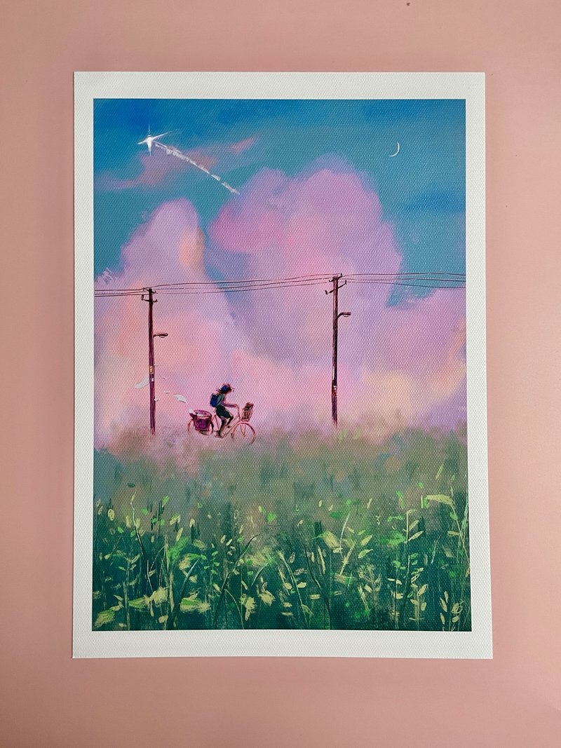 A4 Giclee Print. Under Dreamy Pastel Sunset Sky Cycler Cycling Riding Bicycle. - โปสเตอร์ - กระดาษ สีน้ำเงิน