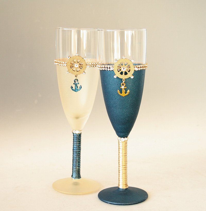 Beach Wedding Nautical Champagne Glasses Gold and Navy Marine Design Set of 2 - Bar Glasses & Drinkware - Glass Gold
