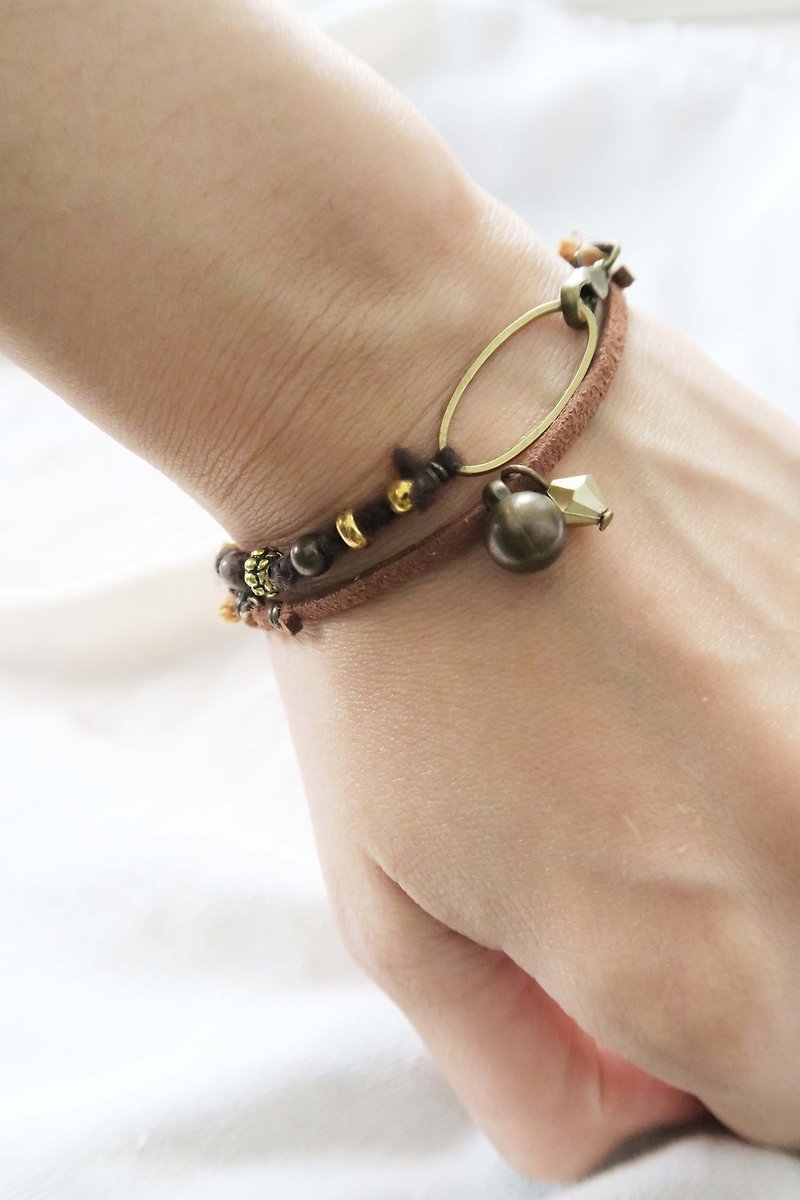 "Central" retro nostalgia | double circle | neutral | brass | bronze | metal | Leather | Leather | cotton rope | brown | Bracelets | strap | Hand rope - New Year's gift / Valentine's Day gift - Bracelets - Genuine Leather Brown