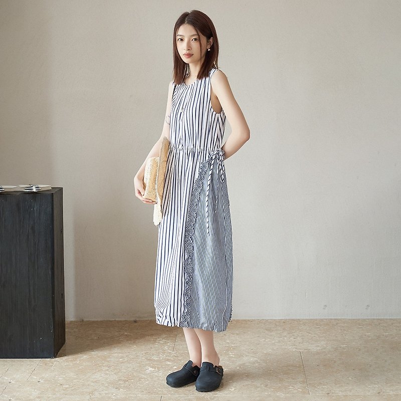 Blue striped patchwork sundress | dress | spring and summer | Sora-1478 - One Piece Dresses - Cotton & Hemp Blue