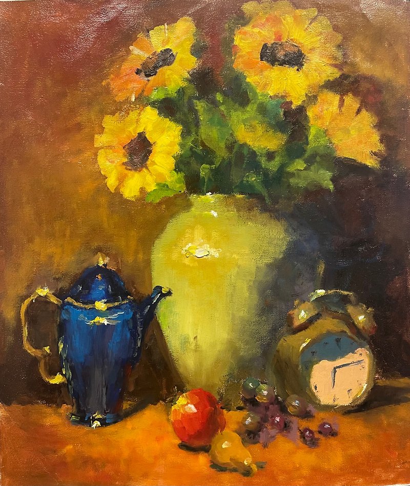 oil painting vase and clock - โปสเตอร์ - ผ้าฝ้าย/ผ้าลินิน 