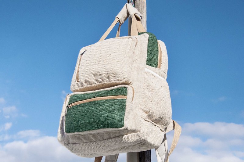 After stitching design cotton Linen backpack / shoulder bag / ethnic mountaineering bags / Computer Backpack - hit the color green forest - กระเป๋าเป้สะพายหลัง - ผ้าฝ้าย/ผ้าลินิน สีเขียว