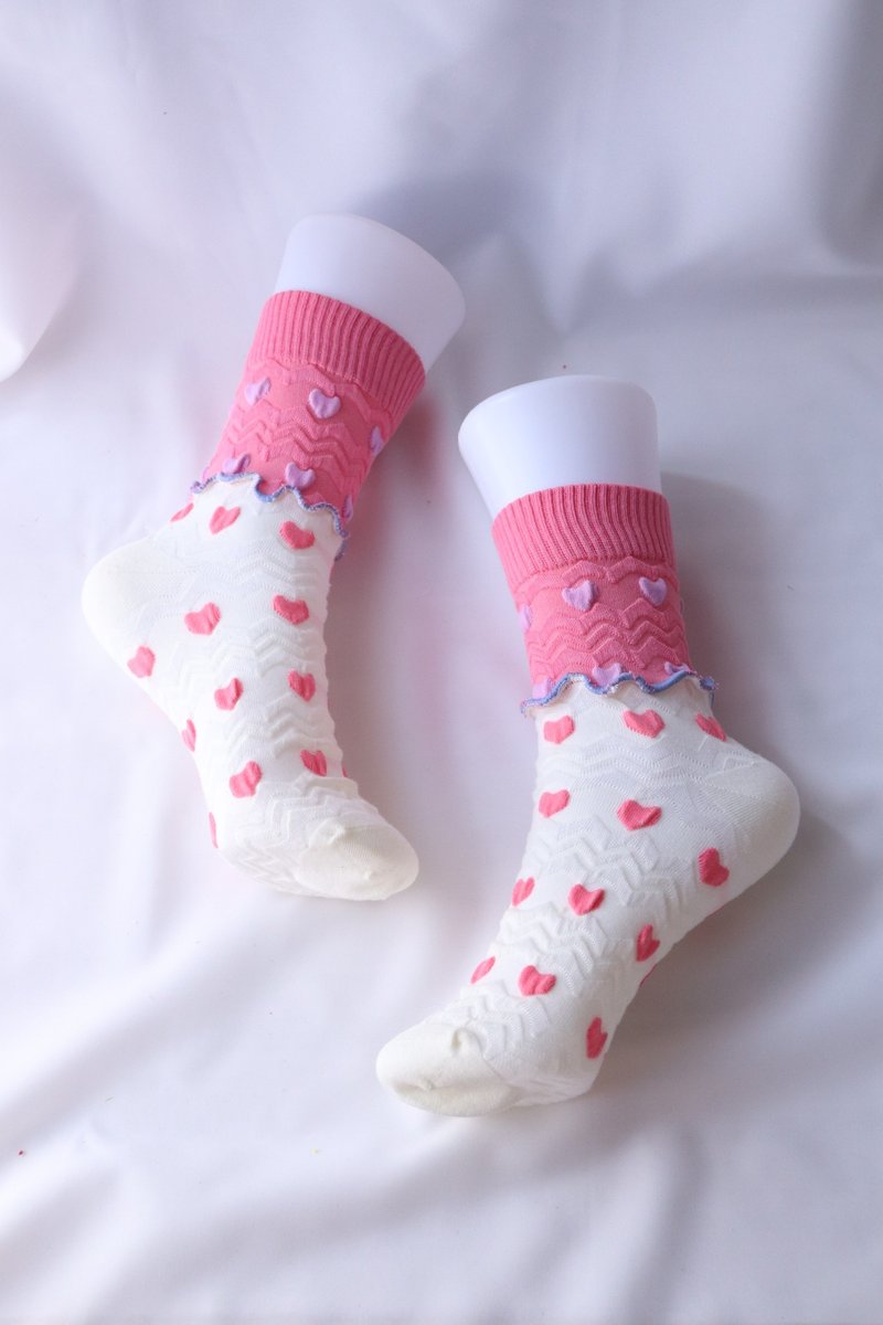 Pink x White Heart Colorful Mellow Socks Flashy Socks Unique Size 22.5-25 Women's Socks - Socks - Other Materials Pink