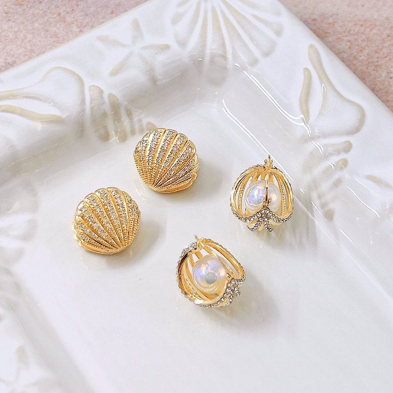 18K gold | Ocean style diamond scallop mermaid pearl ring - ต่างหู - วัสดุอื่นๆ สีทอง