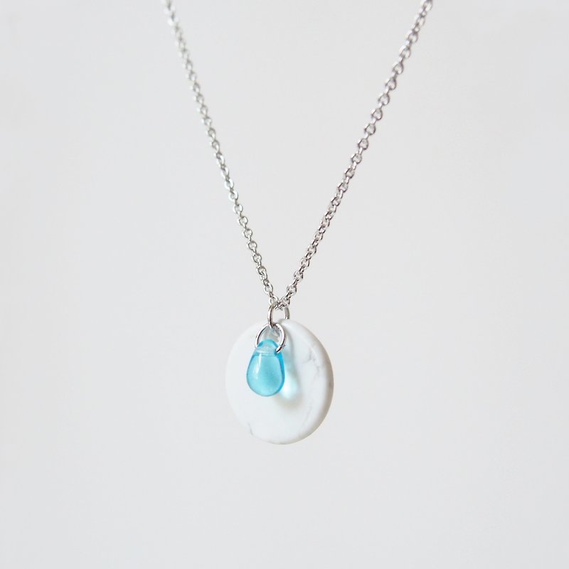 White Turquoise Disc, Glass Drops, Rhodium-plated Bronze Chain Necklace Necklace-Aqua (45cm / 18 inches) - Necklaces - Gemstone Blue