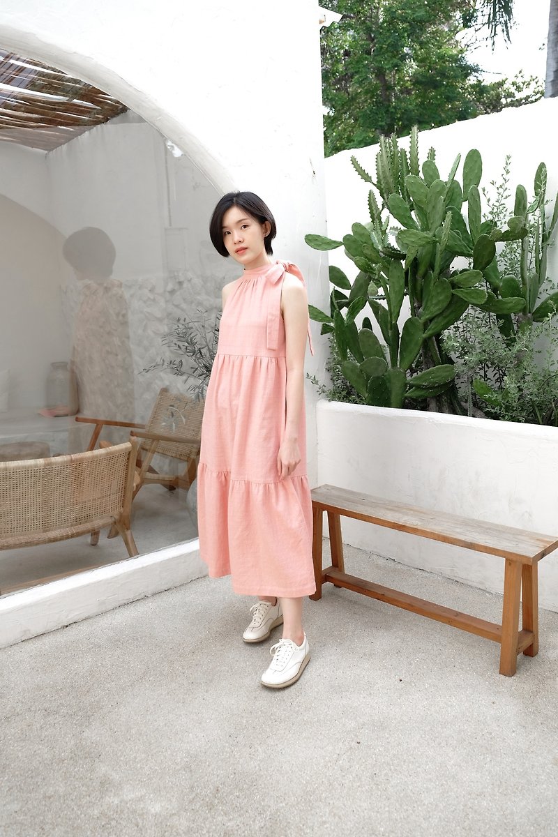 Summer Melody April Halter Maxi Dress - Peach Pink - 洋裝/連身裙 - 棉．麻 粉紅色