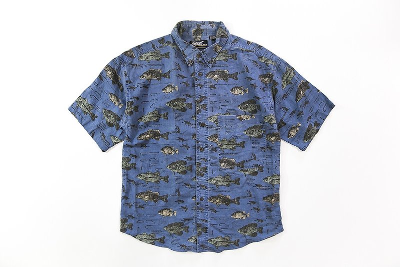 [3thclub銘仁棠] 夏威夷衫 藍 深海魚拓 日本 HWS-004 vintage - 男襯衫/休閒襯衫 - 棉．麻 藍色