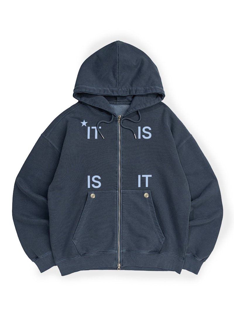 海军蓝拉链连帽衫 - 帽T/大學T - 棉．麻 藍色