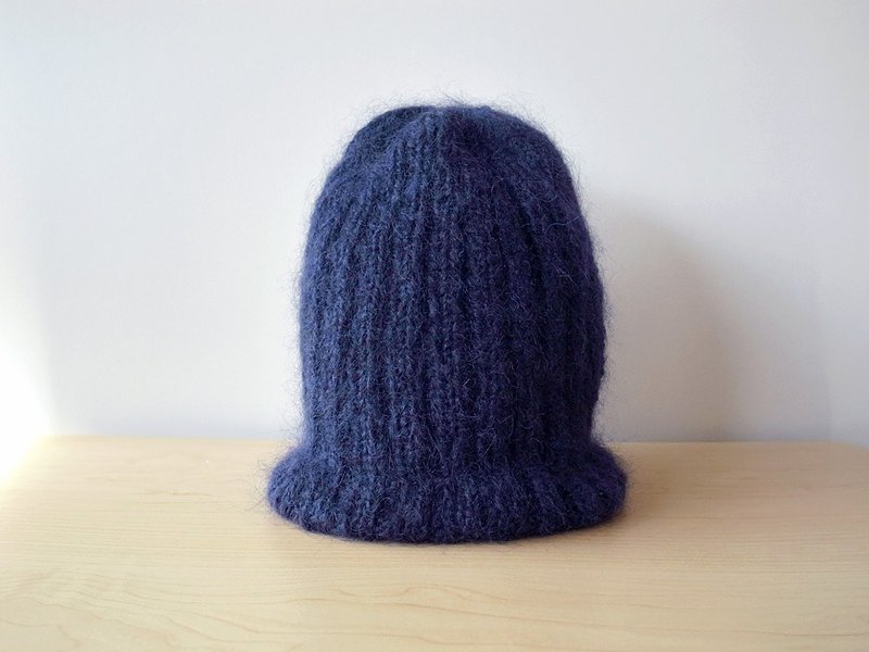 モヘアのリブ編みニット帽・ネイビー knitted hat - 帽子 - 其他材質 藍色