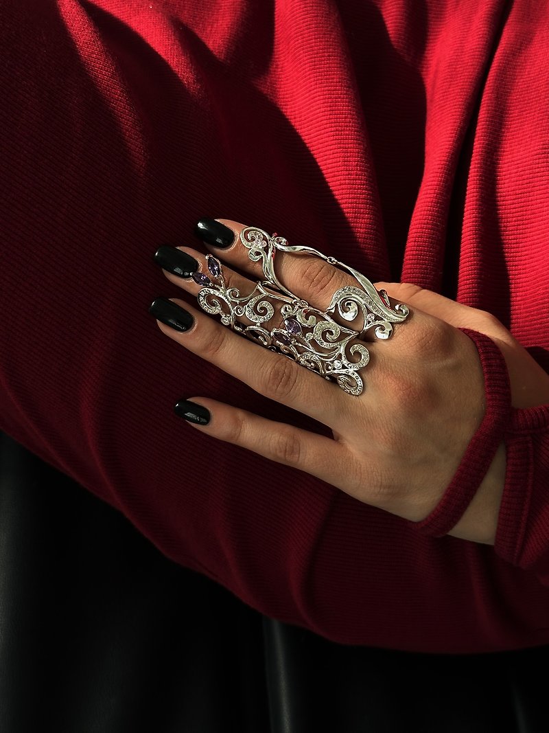 Sterling silver full finger ring LIly - 戒指 - 純銀 銀色