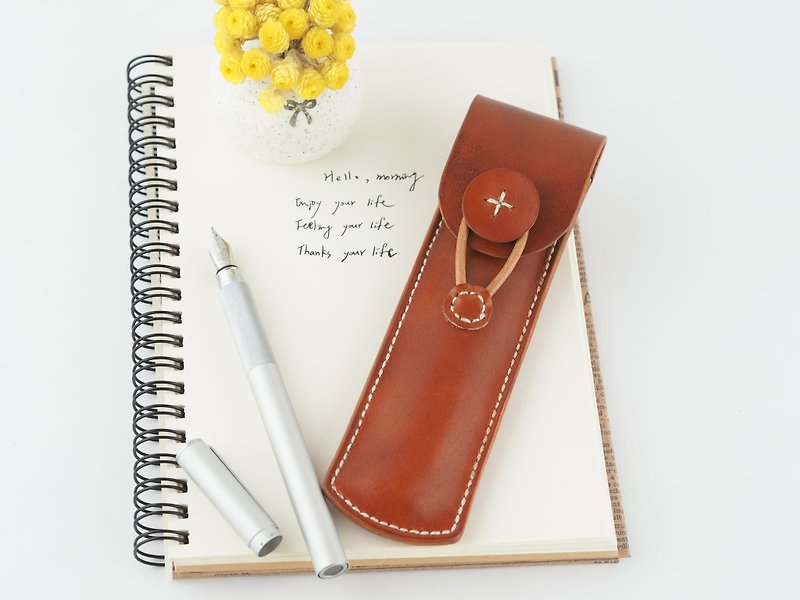 Leather pen holder buckle rope single pen holder brown - Pencil Cases - Genuine Leather Brown