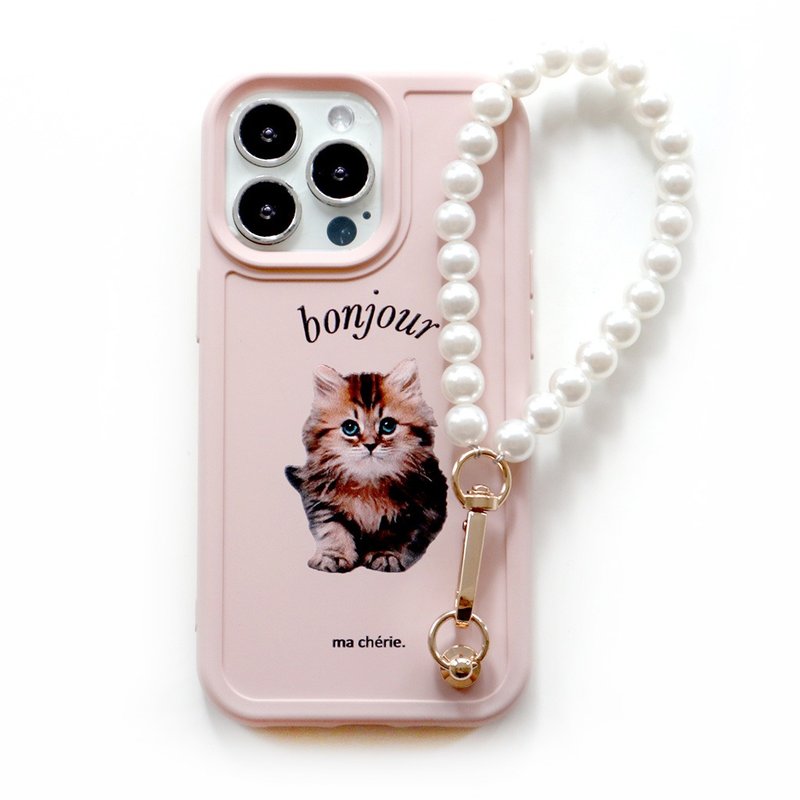 iPhone15/14/13/12 Girls Series-French Pink Kitten Pearl Chain Phone Case - เคส/ซองมือถือ - พลาสติก สึชมพู