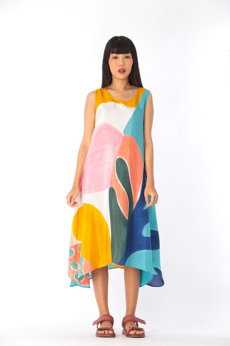 Dress Hand Paint Soft Cotton Silk for Yoga Vacation Holidays - 洋裝/連身裙 - 棉．麻 黃色
