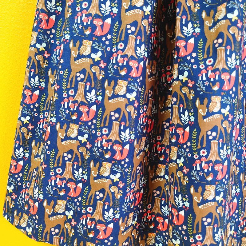 Bambi Kinoko no Mori Skirt USA Cotton Made in Japan Free size Owl Mushroom - กระโปรง - ผ้าฝ้าย/ผ้าลินิน สีน้ำเงิน