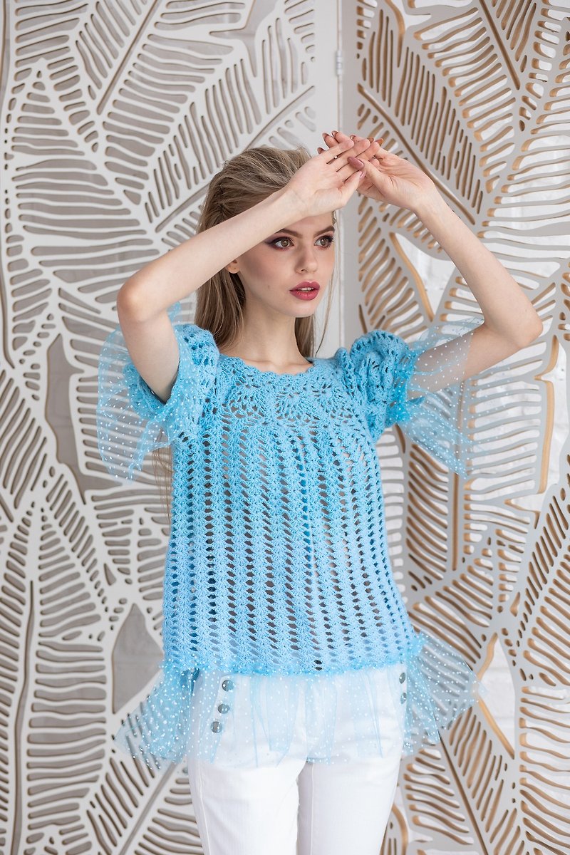 Crochet Blue Top Jumper. Hand Knitted. High-quality handmade. - 女上衣/長袖上衣 - 其他材質 藍色