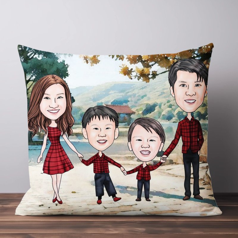 Custom Photo to Drawing Pillow Family Couple Wedding Birthday Anniversary - หมอน - ไฟเบอร์อื่นๆ ขาว