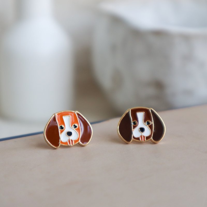 米格魯小獵犬 Beagle 夾式 - 耳環/耳夾 - 琺瑯 咖啡色