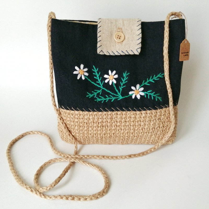 Handmade mini crossbody bag, embroidered dark blue purse for women, cute pouch. - 側背包/斜背包 - 棉．麻 藍色