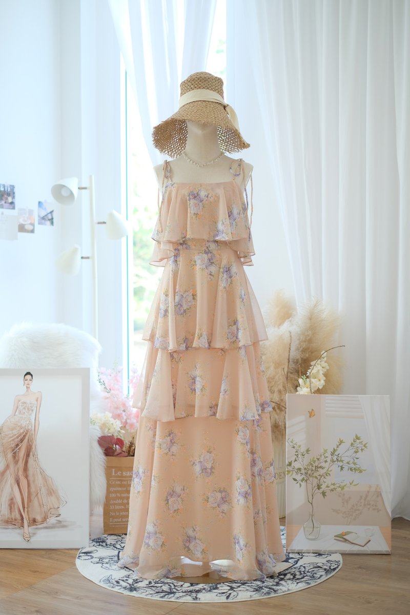 Summer floral bridesmaid dress, Maxi sundress, Wedding dress, Garden Beach party - 洋裝/連身裙 - 聚酯纖維 橘色