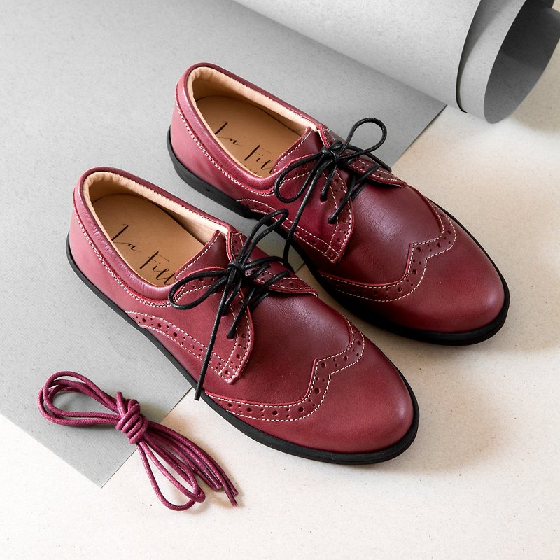 Classic Carved Derby Shoes_ Wine Red - Women's Oxford Shoes - Genuine Leather Red