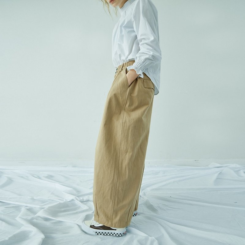 Khaki cotton twill wash wide-leg pants - กางเกงขายาว - ผ้าฝ้าย/ผ้าลินิน สีกากี