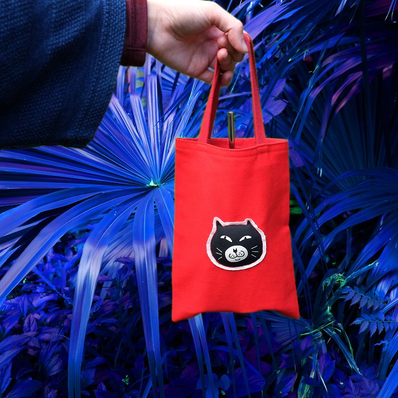 Handmade / Canvas Tote Bag / Eco Bag / Beverage Bag / Masked Cat / Red / On Sale - กระเป๋าถือ - ผ้าฝ้าย/ผ้าลินิน สีแดง