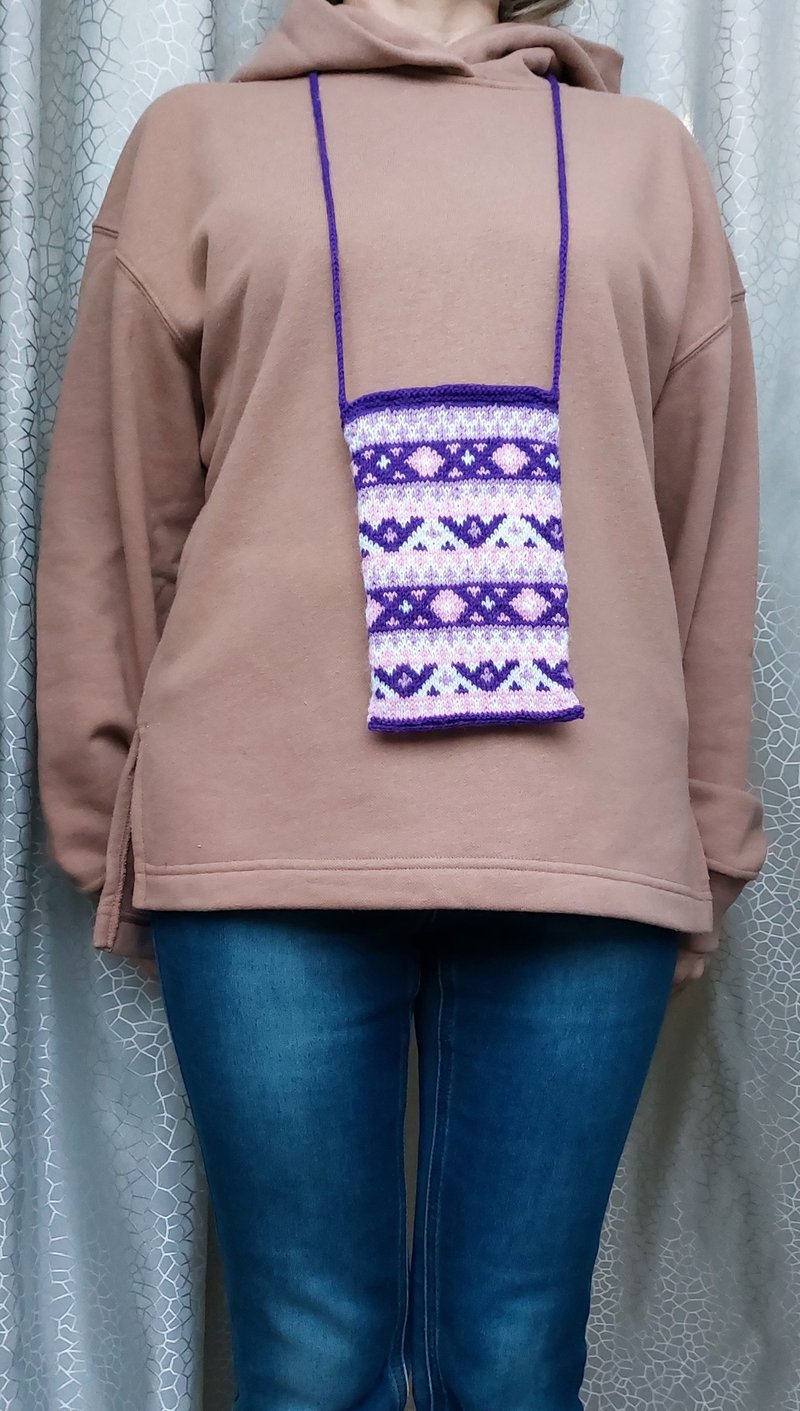 Knitted Purple Phone or Document Case with Jacquard Pattern, Neck Bag - 手機殼/手機套 - 羊毛 紫色