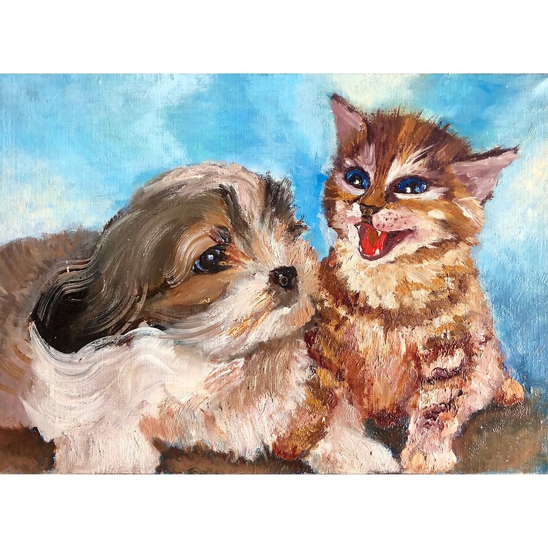 Cotton & Hemp Posters - Kitten and Puppy / Handmade oil painting / Cat painting